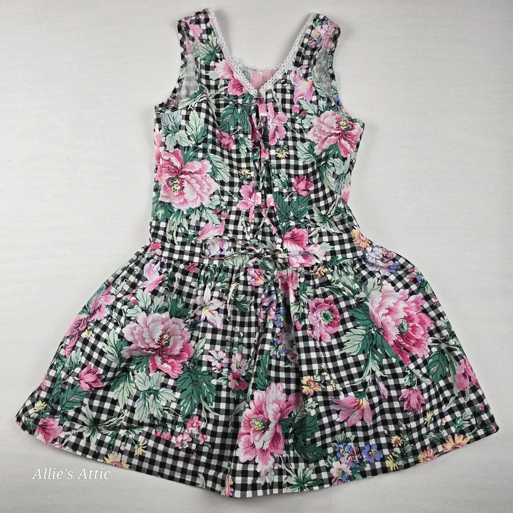 Vintage Girls Dress Sleeveless Tank Pink Black Gingham Flower Floral Cotton Tie